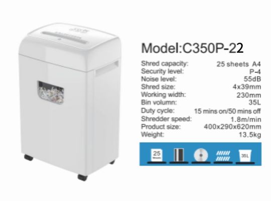 Nuevo producto Trituradora de papel de alta resistencia Big Bin 35L 22 hojas Corte transversal para oficina y hogar C350P-22